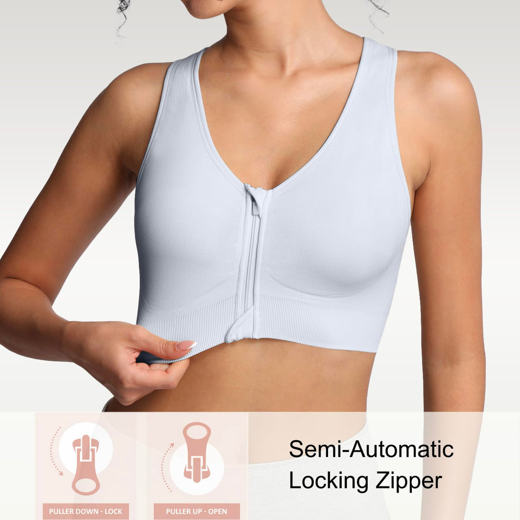 Lemef Soutiens-Gorge de Sport à Fermeture Éclair Avant pour Femmes Soutien-Gorge Post-Chirurgie sans Armature Fermeture Avant Dos Nageur Compression Mastectomie