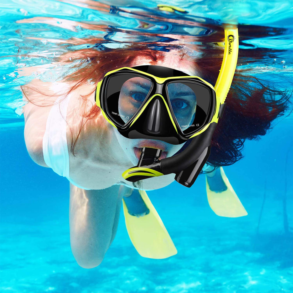 Dorlle Set da snorkeling con boccaglio e occhiali da immersione, impermeabile, anti-appannamento, in vetro temperato, con boccaglio a 3 canali Premium Dry per adulti
