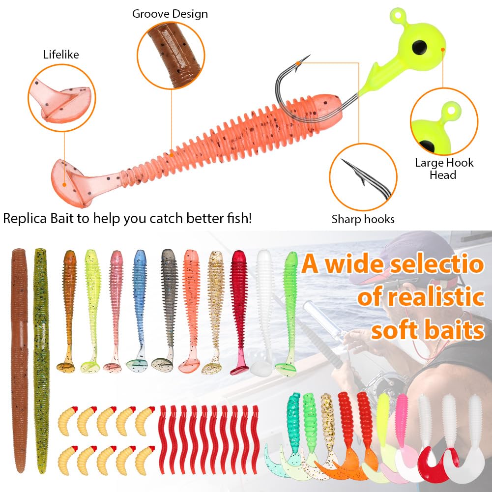 Vicloon Esche da Pesca, Esche Artificiali da Pesca Contiene Crankbaits, Stickbait, Vermi, Ganci Singolo, Pinze, ECC