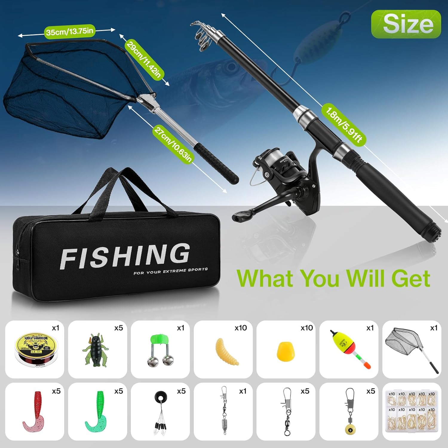 Lomffy Canna da Pesca e Mulinello Combo Set, 1.8M Kit di Esche da Pesca e Borsa con Rete Set Combinato Canna da Pesca Telescopica e Mulinello con Linea Borsa da Trasporto per Acqua Dolce Acqua Salata