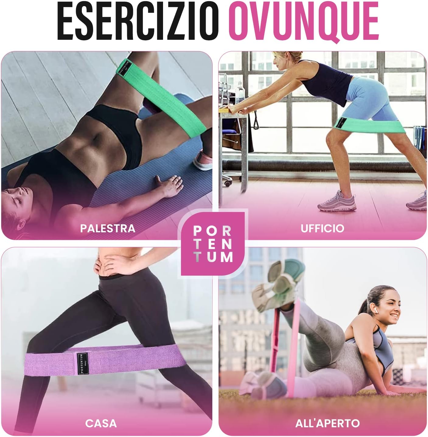 PORTENTUM Élastiques de fitness, lot de 3 bandes élastiques de fitness antidérapantes en tissu. 3 niveaux de résistance pour le Crossfit, le Yoga, les fessiers et d'autres sports, et sac de rangement