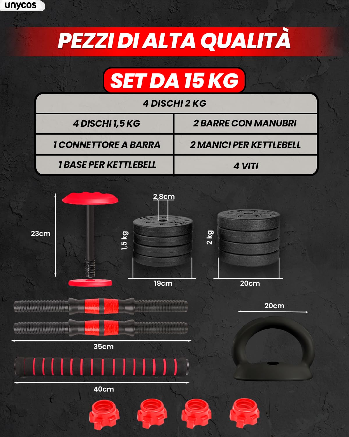 unycos - Manubri Regolabili con Dischi 10-40 kg【E-Book con 50 Esercizi】Coppia di Pesi con Barra di Collegamento Antiscivolo per Allenamento, Palestra in Casa, Fitness (Red/Orange Transformer)