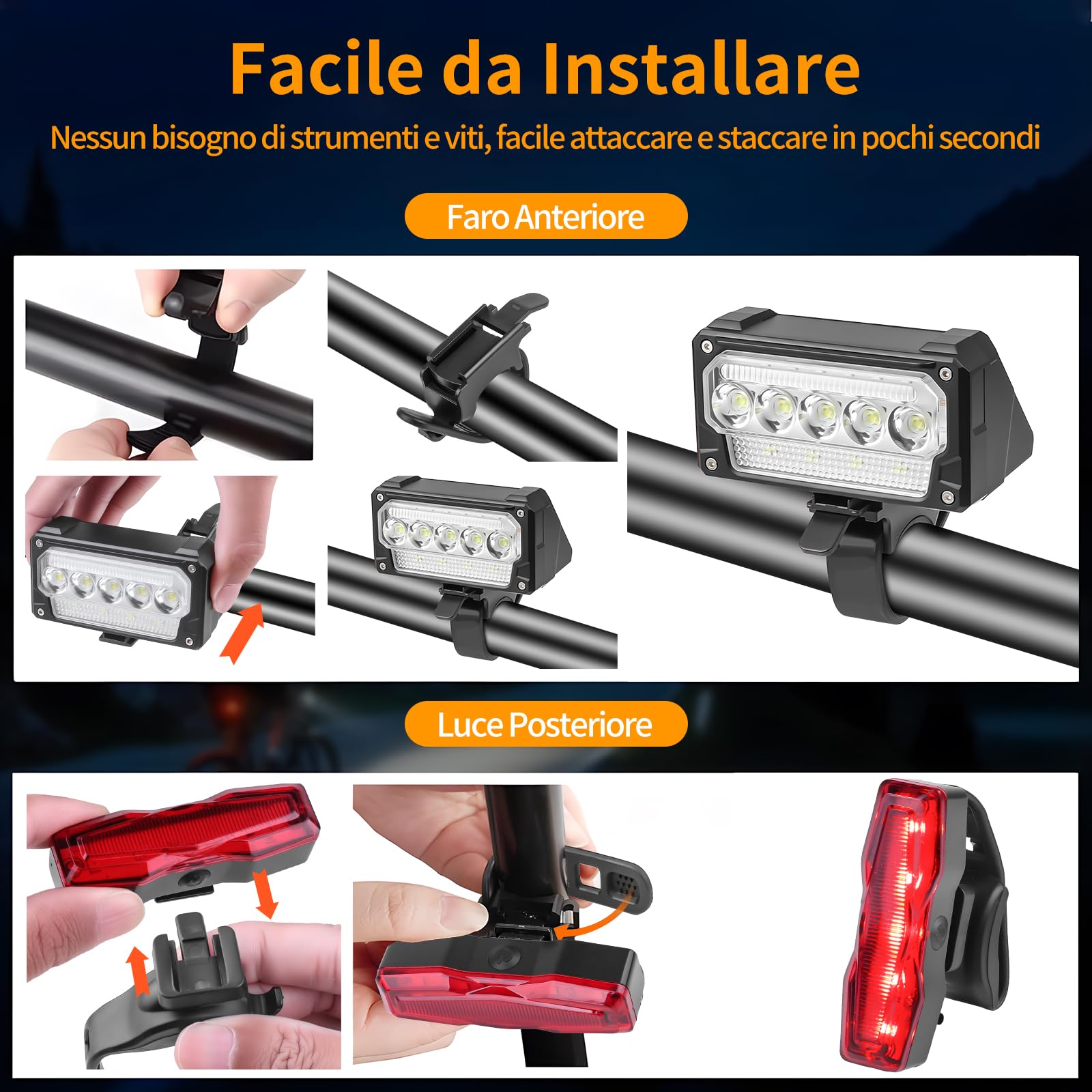 Luci Bici Ricaricabili USB,Luci Bicicletta LED Potenti Super Luminoso 2000 Lumens Luce Bici Anteriore e Posteriore ，Impermeabile IPX5 Set di luci per Bicicletta per Strada e Montagna