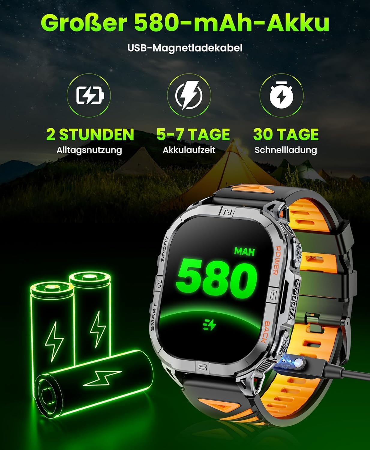 GPS Smartwatch Uomo, 2,13" AMOLED Militare Orologio con LED Torcia, Bussola,100+ Modalità Sportive, Monitoraggio della Salute, Chiamate Bluetooth per Android iOS