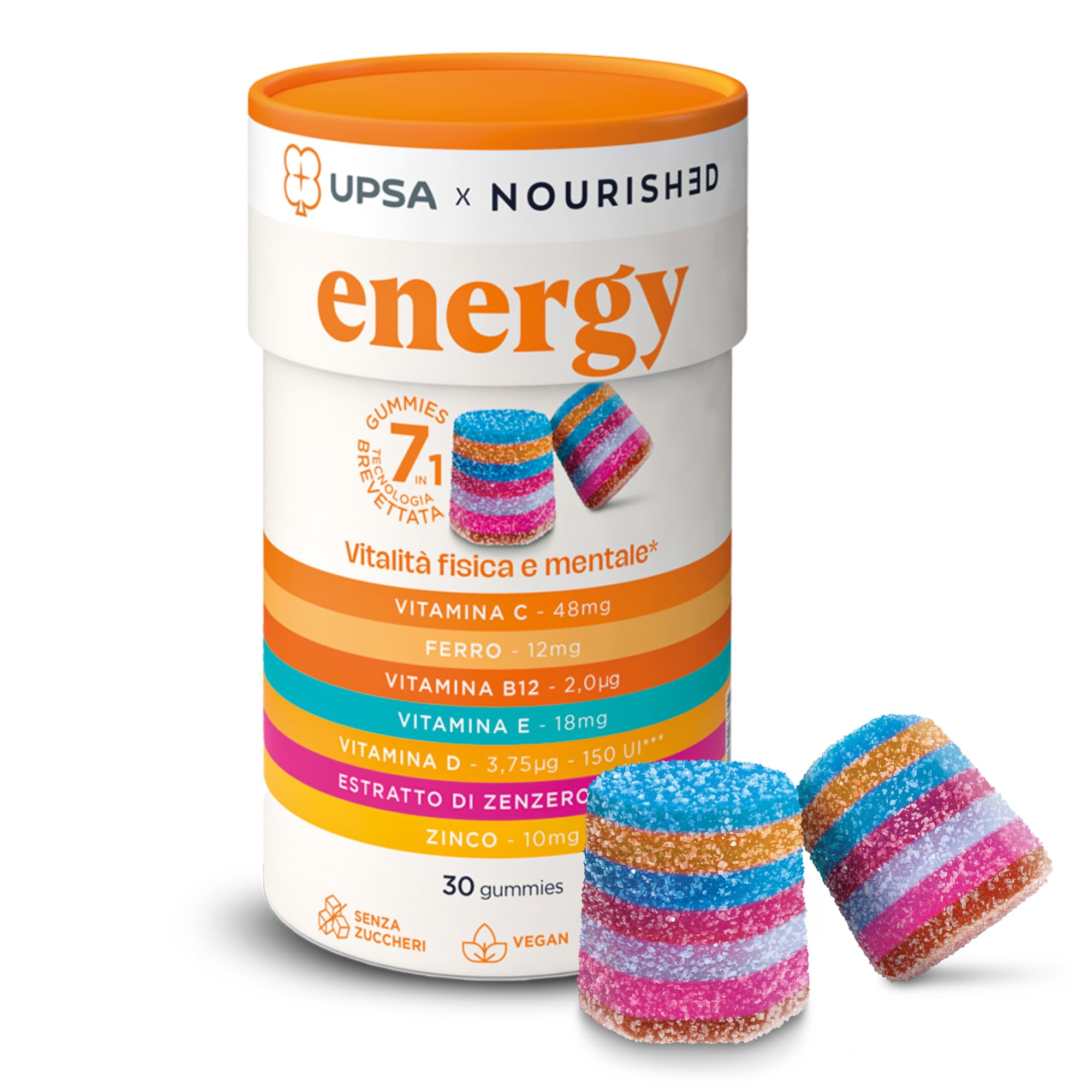UPSA x Nourished Energy, 60 Gummies Integratore alimentare con Guaranà, Zenzero, Caffeina, Vitamina C e B12 caramelle gommose gusto grutta, senza zucchero, vegan