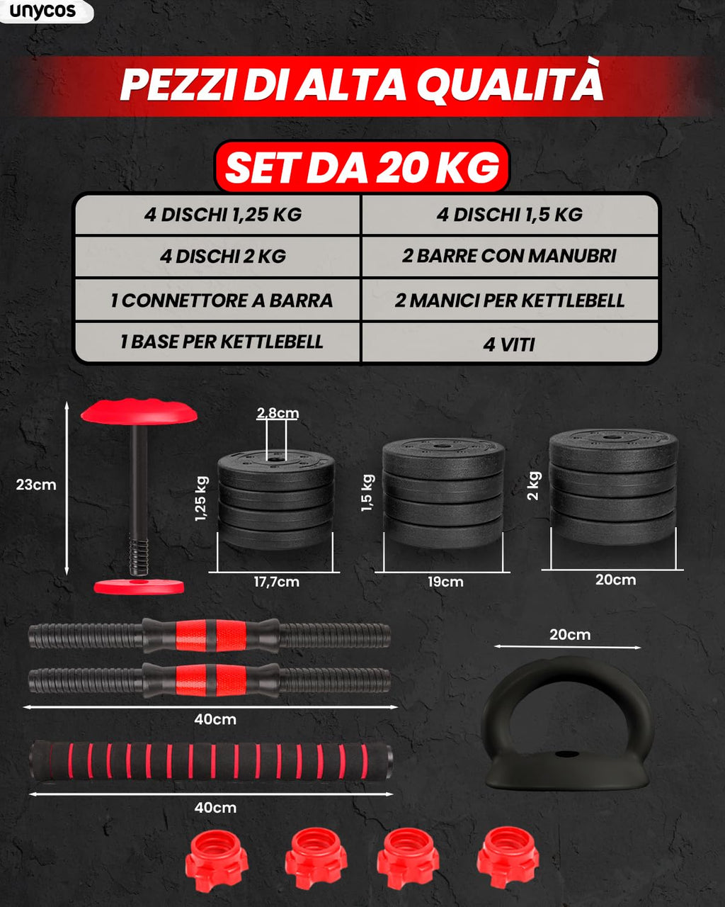 unycos - Manubri Regolabili con Dischi 10-40 kg【E-Book con 50 Esercizi】Coppia di Pesi con Barra di Collegamento Antiscivolo per Allenamento, Palestra in Casa, Fitness (Red/Orange Transformer)