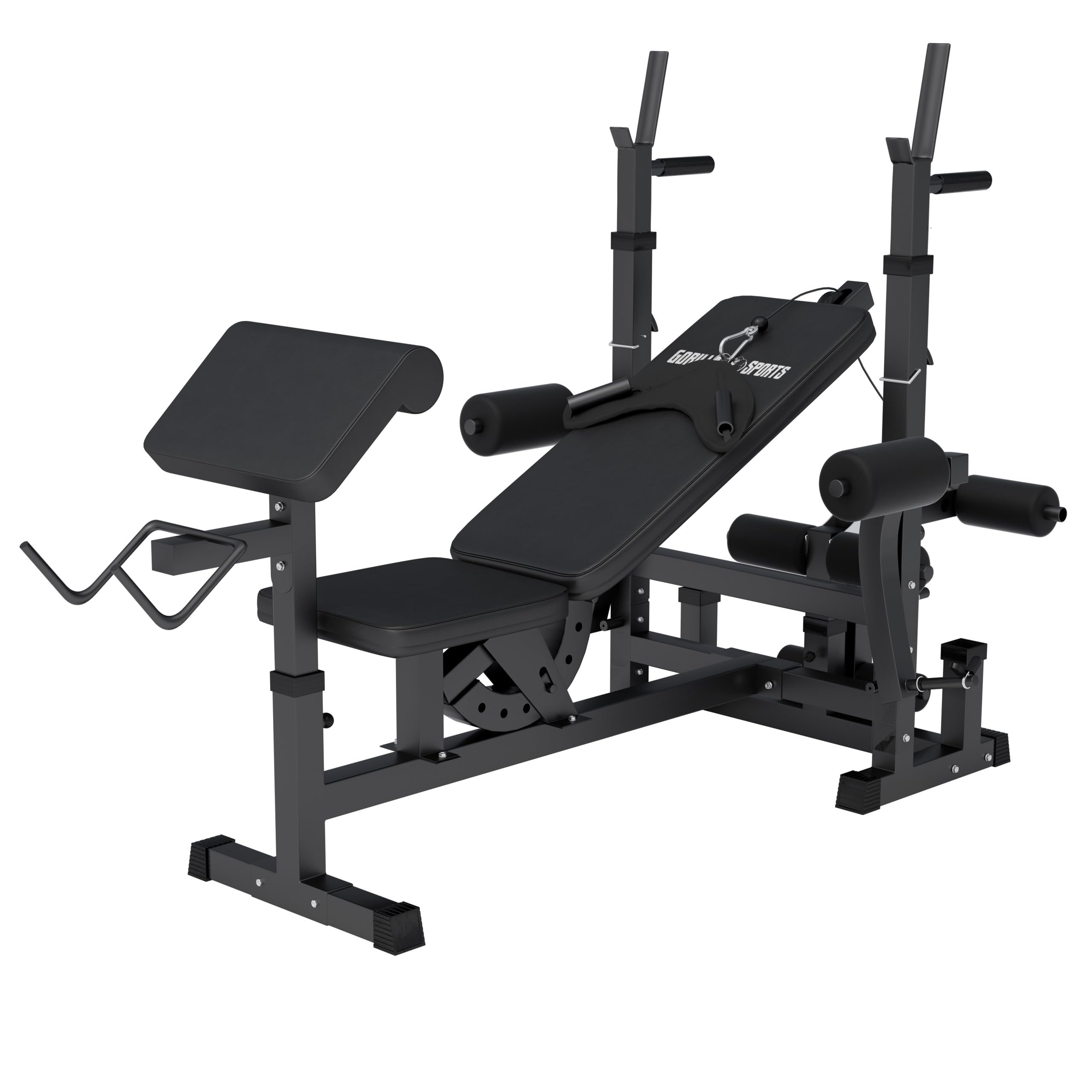 Gorilla Sports® Panca Multifunzione - Schienale Regolabile, Portabilanciere, Butterfly, Curl per Gambe, Nero/Bianco - Panca Pesi, Stazione Fitness