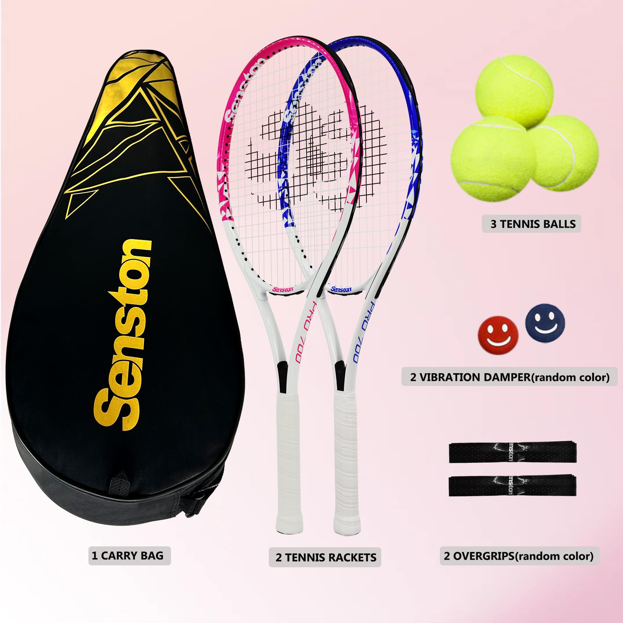 Senston Racchette da Tennis Professionali da 27" (68,5 cm), per 2 Giocatori, con copertura, overgrip da tennis, smorzatore di vibrazioni