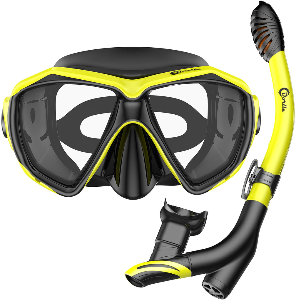Dorlle Set da snorkeling con boccaglio e occhiali da immersione, impermeabile, anti-appannamento, in vetro temperato, con boccaglio a 3 canali Premium Dry per adulti