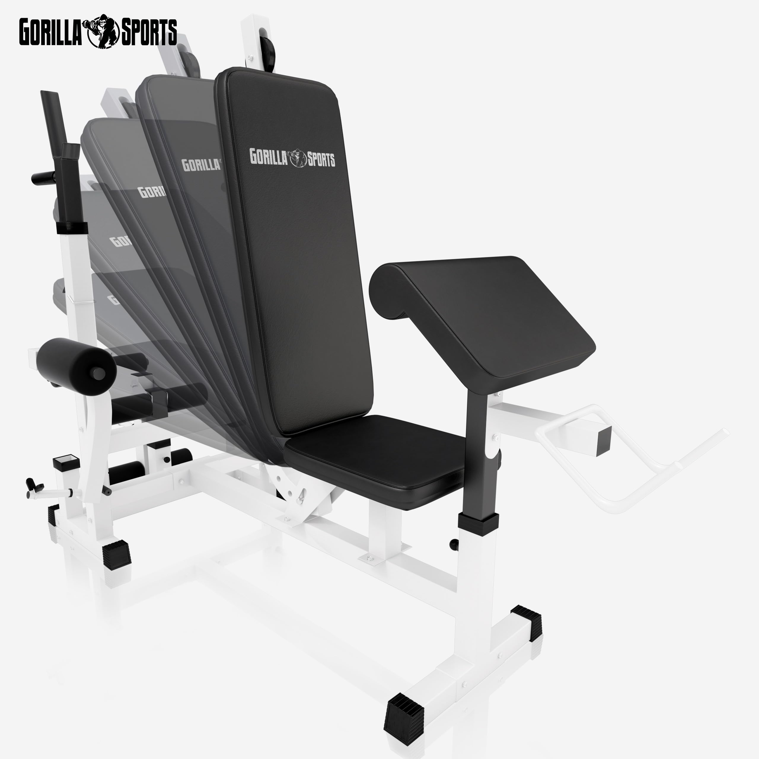 Gorilla Sports® Panca Multifunzione - Schienale Regolabile, Portabilanciere, Butterfly, Curl per Gambe, Nero/Bianco - Panca Pesi, Stazione Fitness