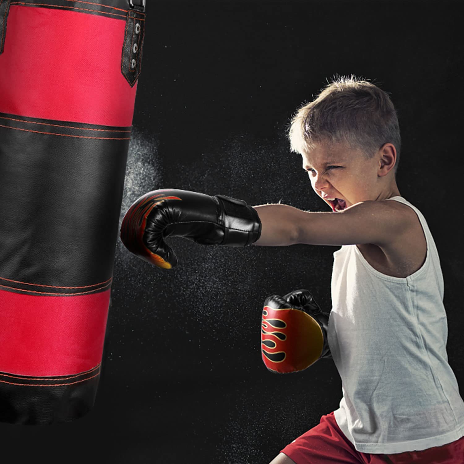 Odoland Sacco da Boxe Kit 7-in-1 per Bambini, Sacco da Pugilato 60 cm Vuoto con Guantoni da Boxe da 6 Once e Maniche Protettive per Polso della Mano, Catene da Appendere per Sacco da Boxe e Gancio