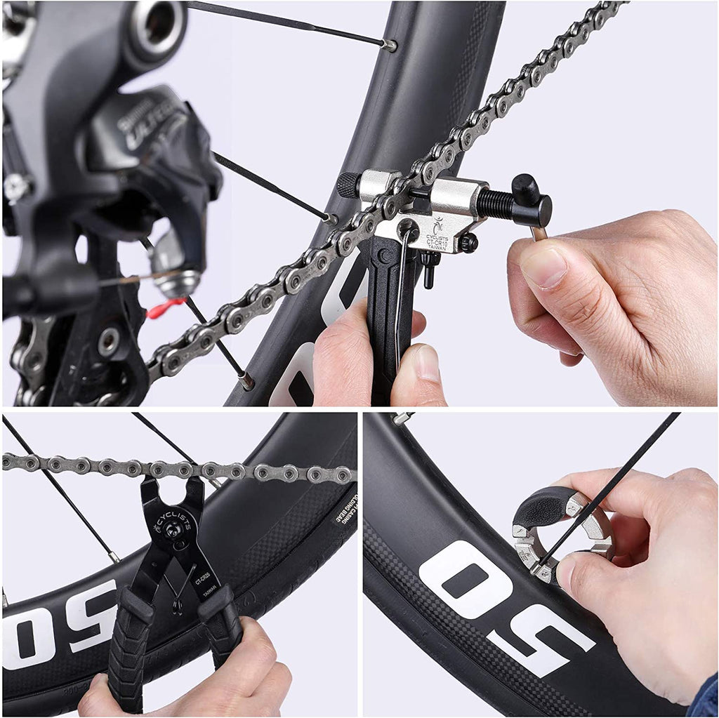 cyclists Kit di Riparazione Bici Portatile, Valigetta Attrezzi per Riparazioni Catene e Pneumatici, Set Completo di Attrezzi per Bici con Custodia per Trasporto