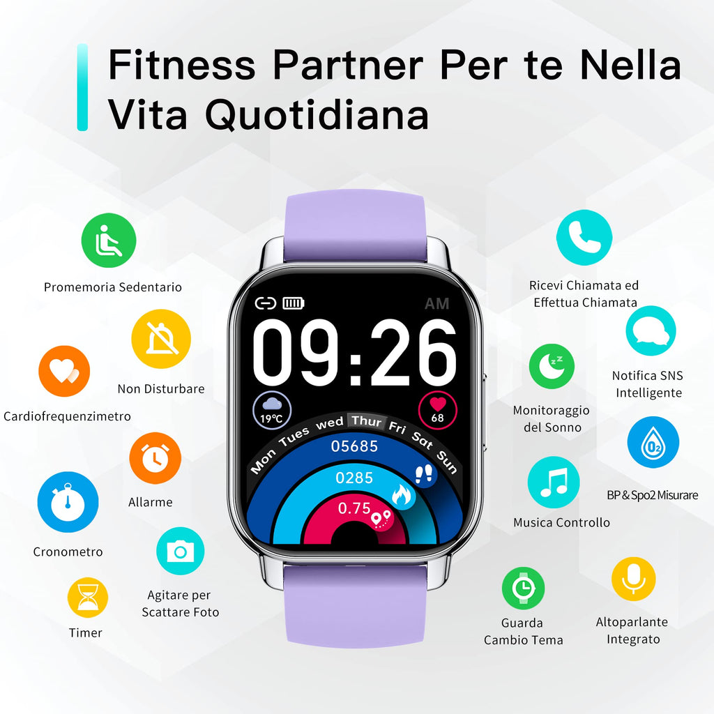 Popglory Smartwatch Uomo Donna Chiamate e Whatsapp, AI Orologio Contapassi 100+ Sports, Assistente, Salute 24/7, Pressione Sanguigna, Cardiofrequenzimetro, SpO2 Sonno, 2 Cinturini per Android iOS