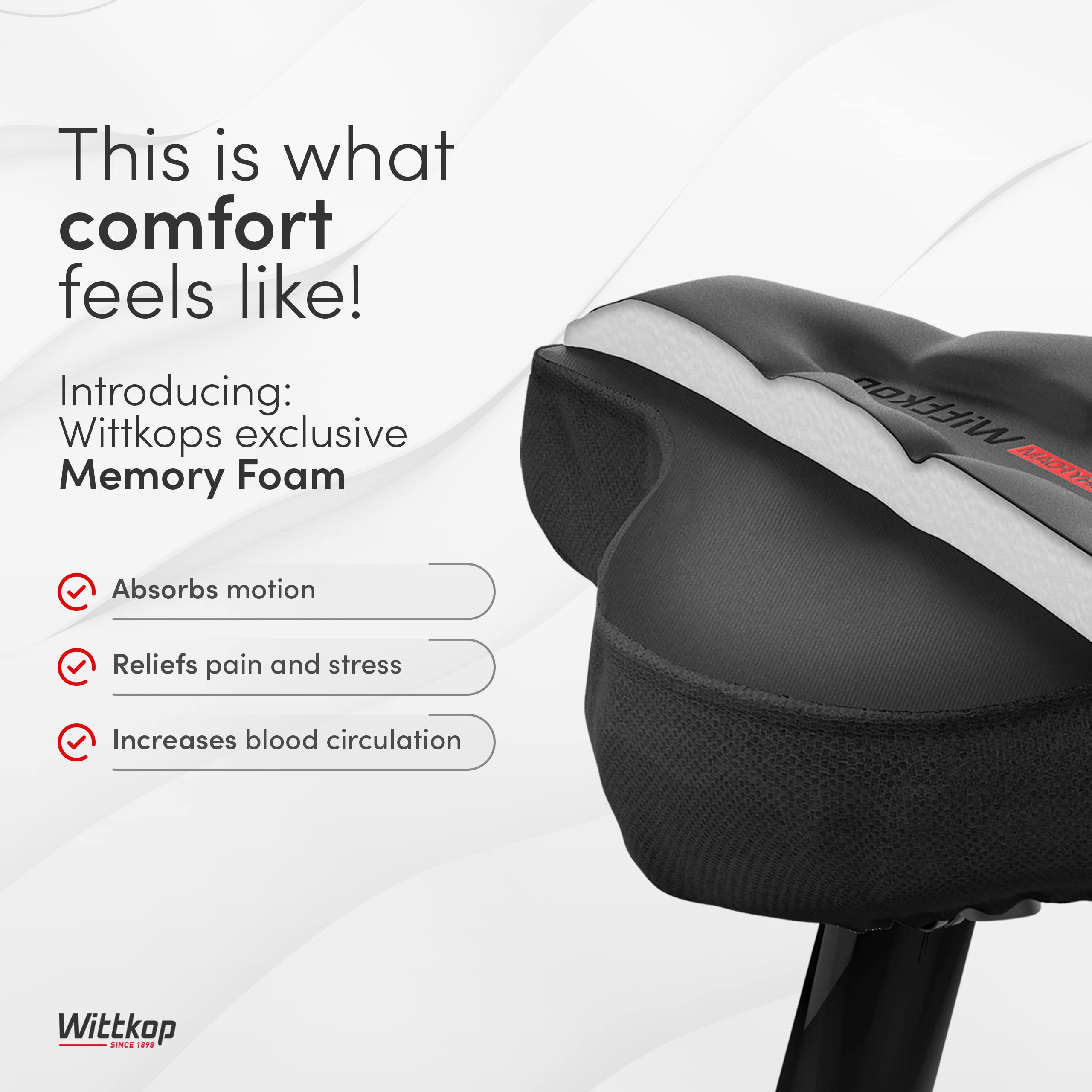 WITTKOP Cuscino per sella da bici in memory foam confortevole I Coprisella da bici per uomo e donna con design ergonomico a 3 zone
