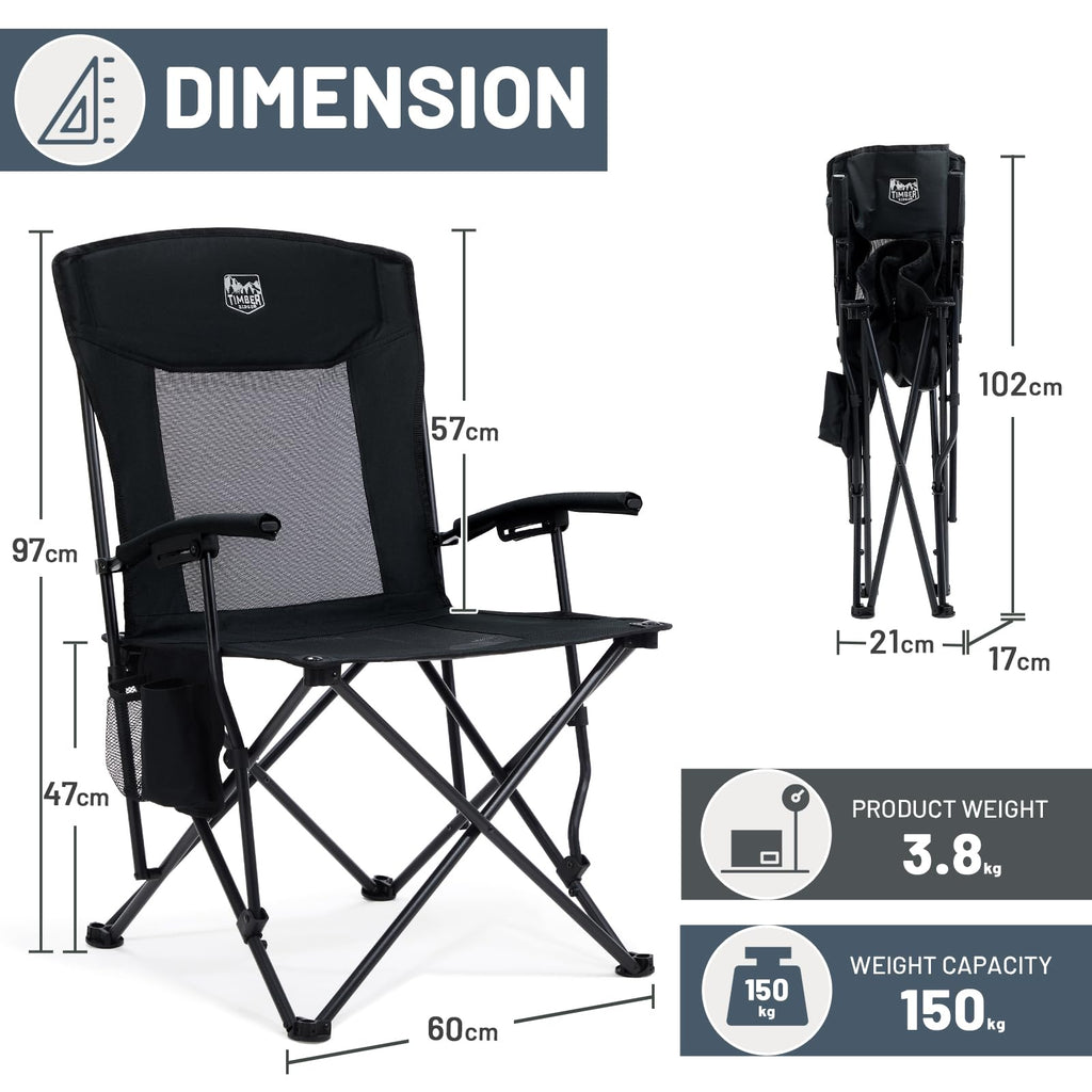 TIMBER RIDGE Sedia da Campeggio Pieghevole Leggera 150 kg Portata Massima, con Schienale Alto e a Rete, Comoda e Portatile per Spiaggia, Festival, Pesca, Giardino, Picnic e Area Pranzo all'aperto