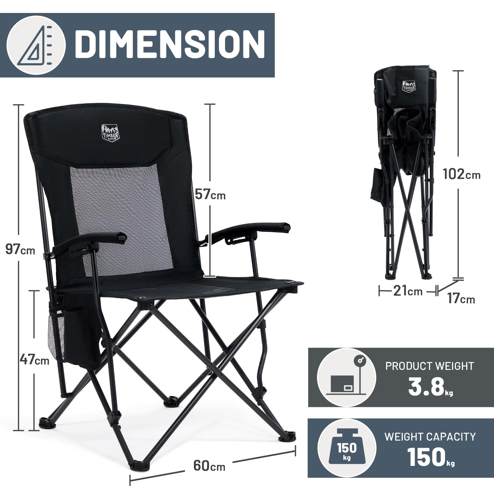 TIMBER RIDGE Sedia da Campeggio Pieghevole Leggera 150 kg Portata Massima, con Schienale Alto e a Rete, Comoda e Portatile per Spiaggia, Festival, Pesca, Giardino, Picnic e Area Pranzo all'aperto