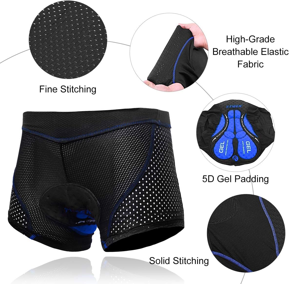 X-TIGER Cuissard cycliste homme avec rembourrage gel 5D respirant sous-vêtement caleçon de cyclisme pour vélo