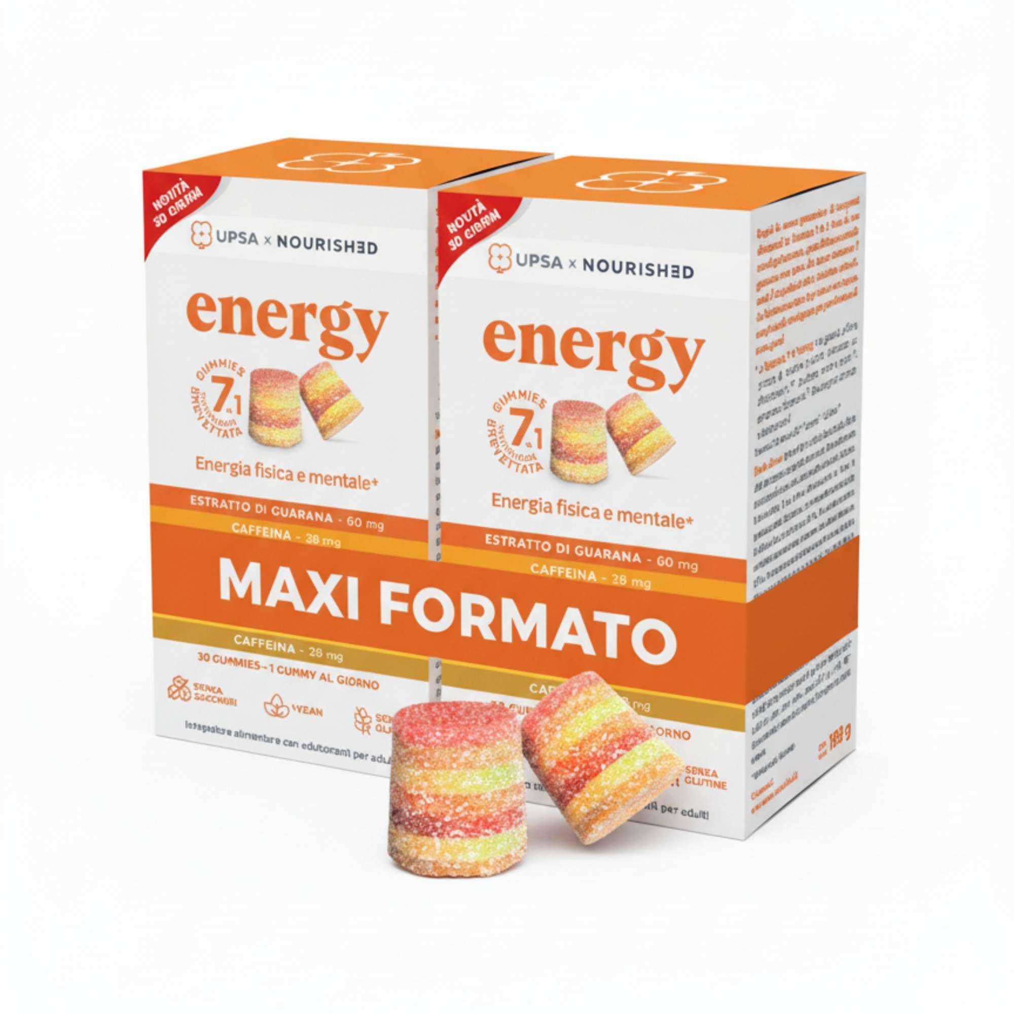 UPSA x Nourished Energy, 60 Gummies Integratore alimentare con Guaranà, Zenzero, Caffeina, Vitamina C e B12 caramelle gommose gusto grutta, senza zucchero, vegan