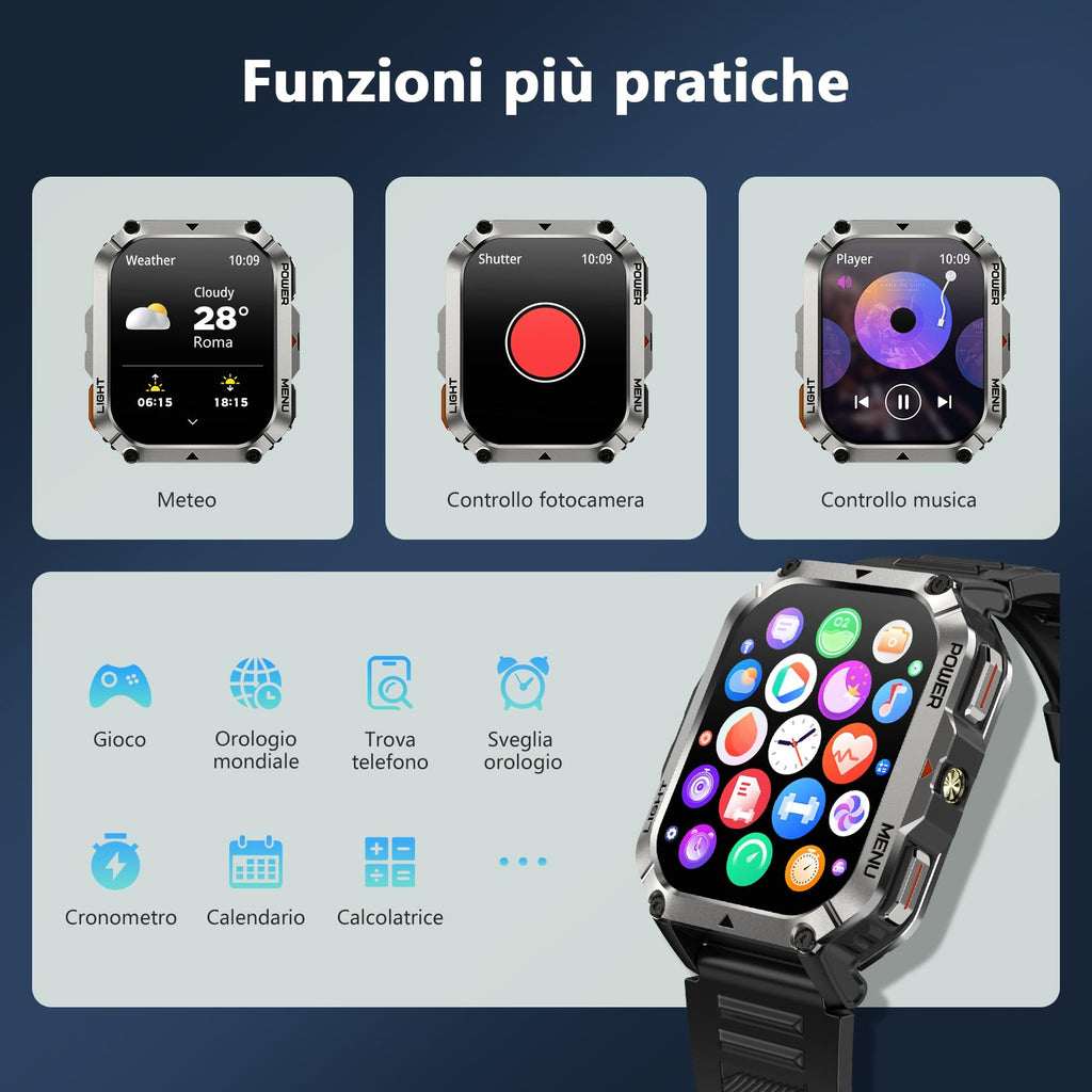 Blackview Smartwatch Uomo, Orologio Intelligente Fitness con Chiamate Bluetooth, 2.01" Militari Smart Watch Tracker 100+ Modalità Sportive/Cardiofrequenzimetro/SpO2/Torcia/Bussola per Android iOS