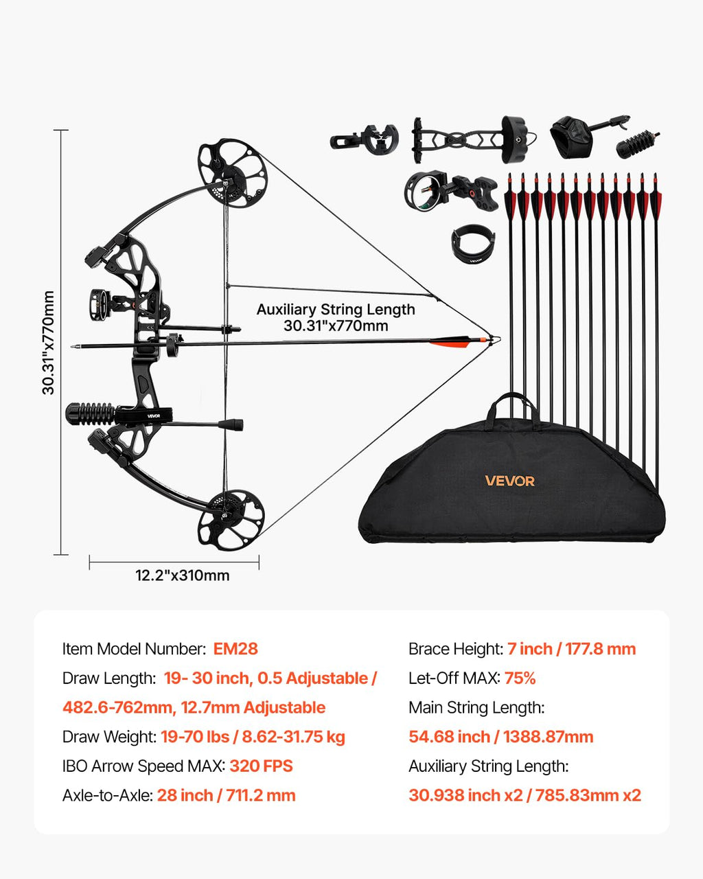 VEVOR Arc à Poulies, Kit d'Arc de Chasse Réglable de 482,6 à 762 mm, Poids de Traction de 8,62 à 31,75 kg, Kit pour Droitier avec Équipement de Chasse, 320 FPS, Noir