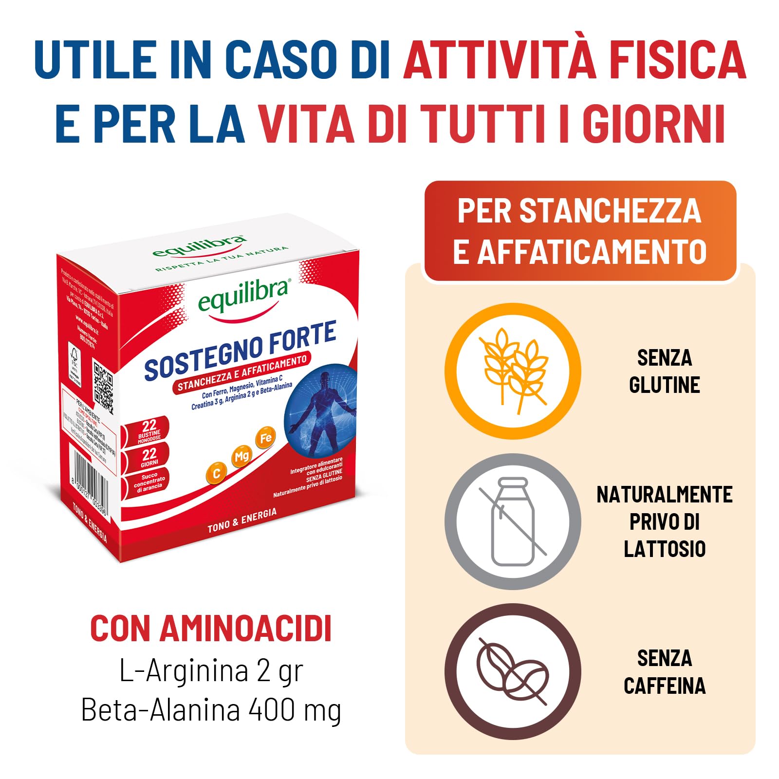 equilibra Integratori Alimentari, Sostegno Forte, Integratore con Creatina, Arginina, Vitamine C, B1, per Incrementare le Prestazioni Fisiche, con Succo Concentrato di Arancio, 22 Bustine Monodose