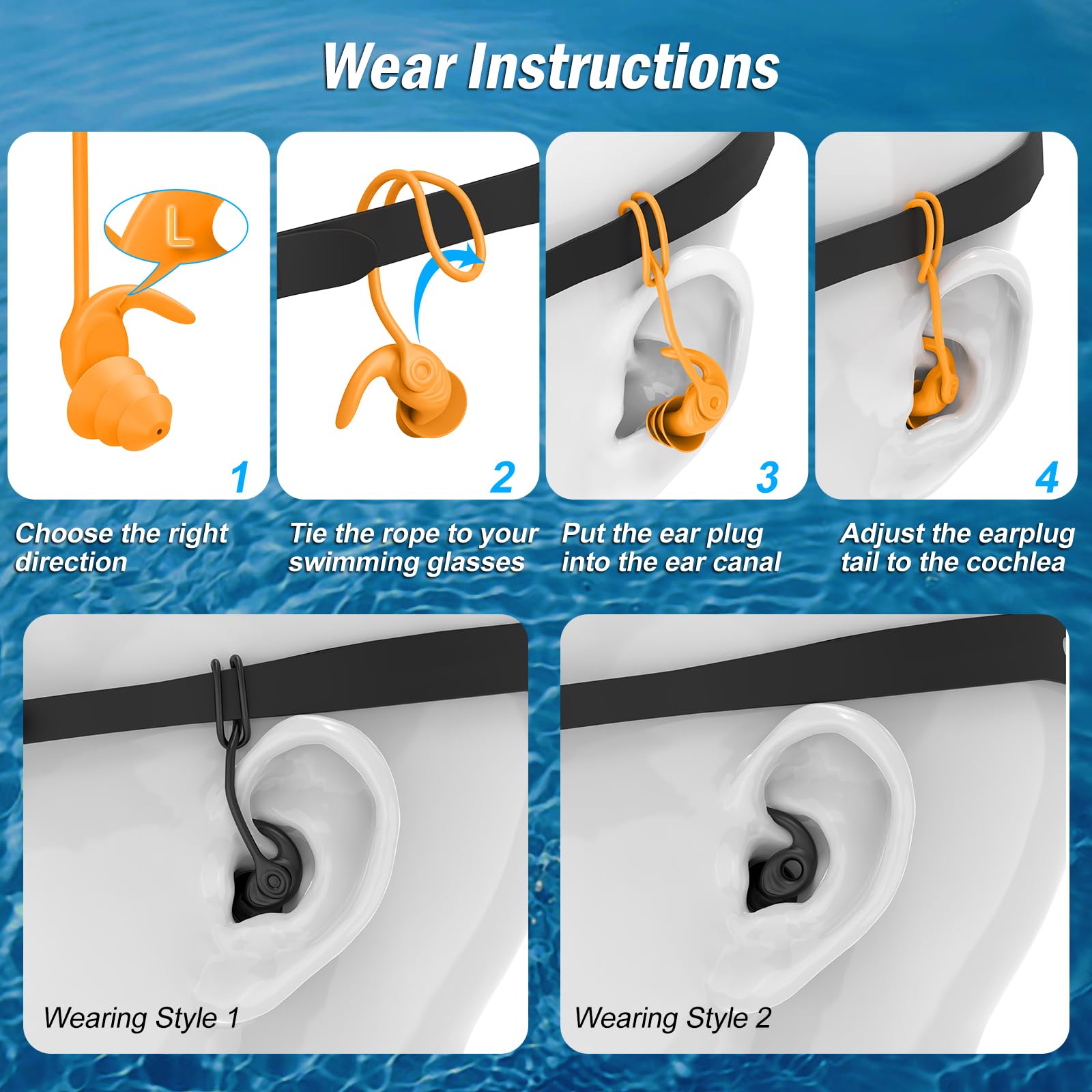 Tappi per le Orecchie da Nuoto per Adulti, 4 Paia Tappi Auricolari Impermeabili Riutilizzabili in Silicone con Cavo Rimovibile, Perfetti per Nuoto, Doccia, Surf e Altri Sport Acquatici