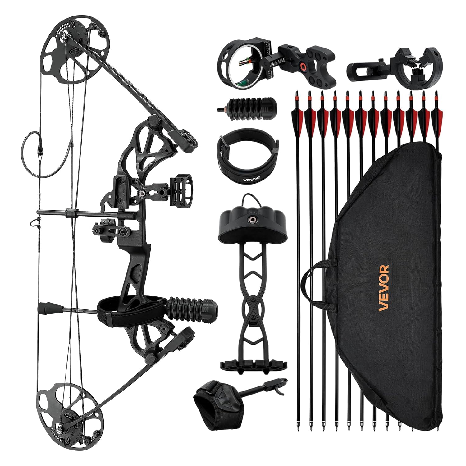VEVOR Arc à Poulies, Kit d'Arc de Chasse Réglable de 482,6 à 762 mm, Poids de Traction de 8,62 à 31,75 kg, Kit pour Droitier avec Équipement de Chasse, 320 FPS, Noir