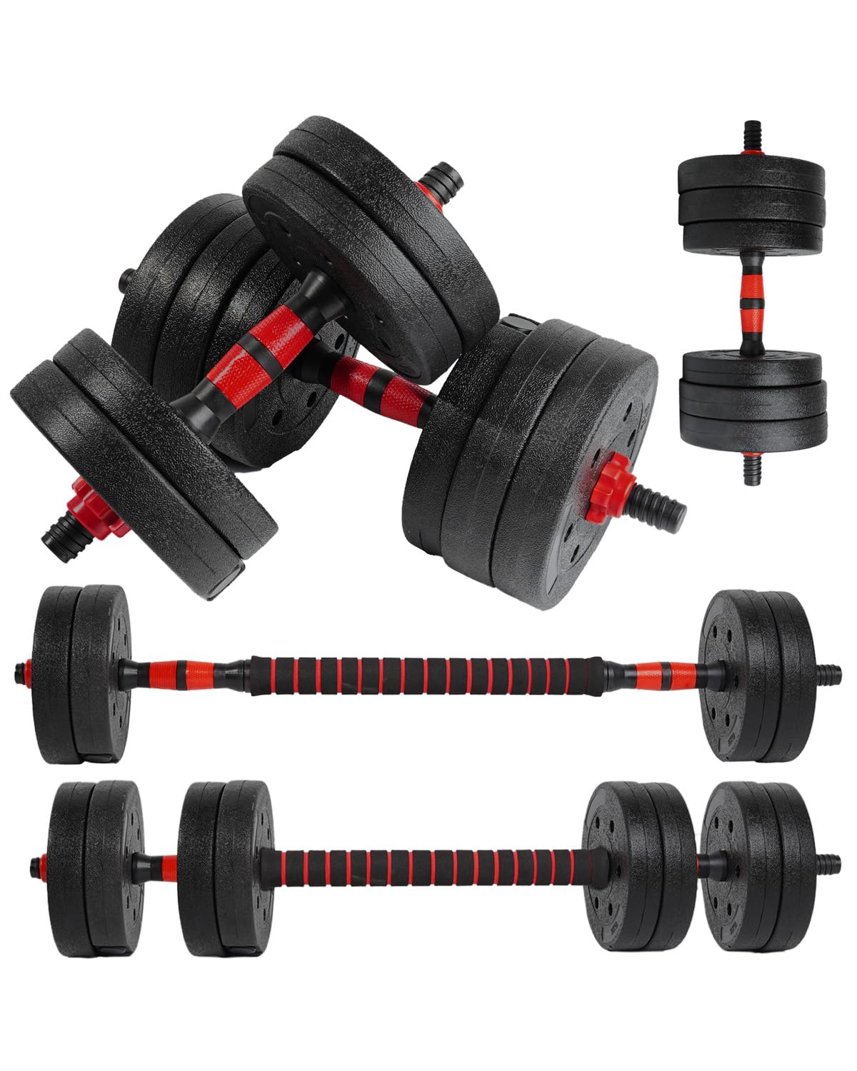 unycos - Manubri Regolabili con Dischi 10-40 kg【E-Book con 50 Esercizi】Coppia di Pesi con Barra di Collegamento Antiscivolo per Allenamento, Palestra in Casa, Fitness (Red/Orange Transformer)