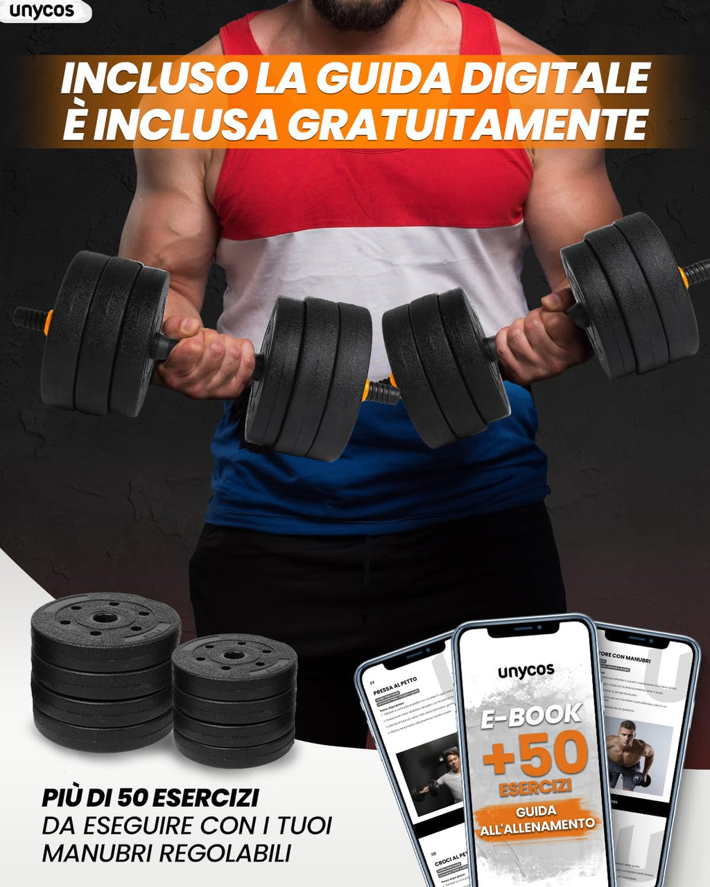 unycos - Manubri Regolabili con Dischi 10-40 kg【E-Book con 50 Esercizi】Coppia di Pesi con Barra di Collegamento Antiscivolo per Allenamento, Palestra in Casa, Fitness (Red/Orange Transformer)