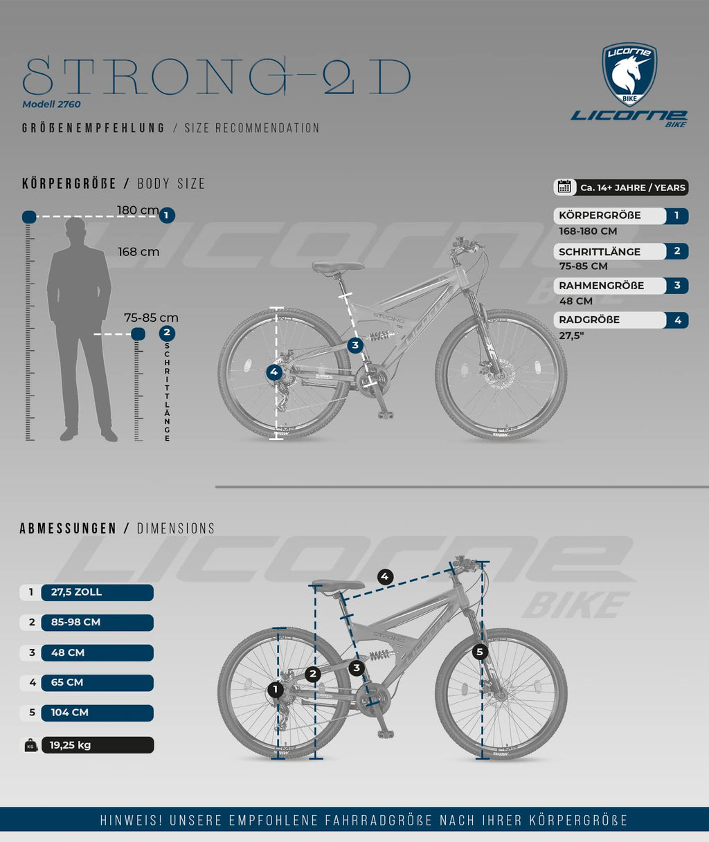 Licorne Bike - VTT Premium Strong 2D 26, 27,5 et 29 pouces, vélo avec freins à disque avant et arrière, 21 vitesses, tout suspendu