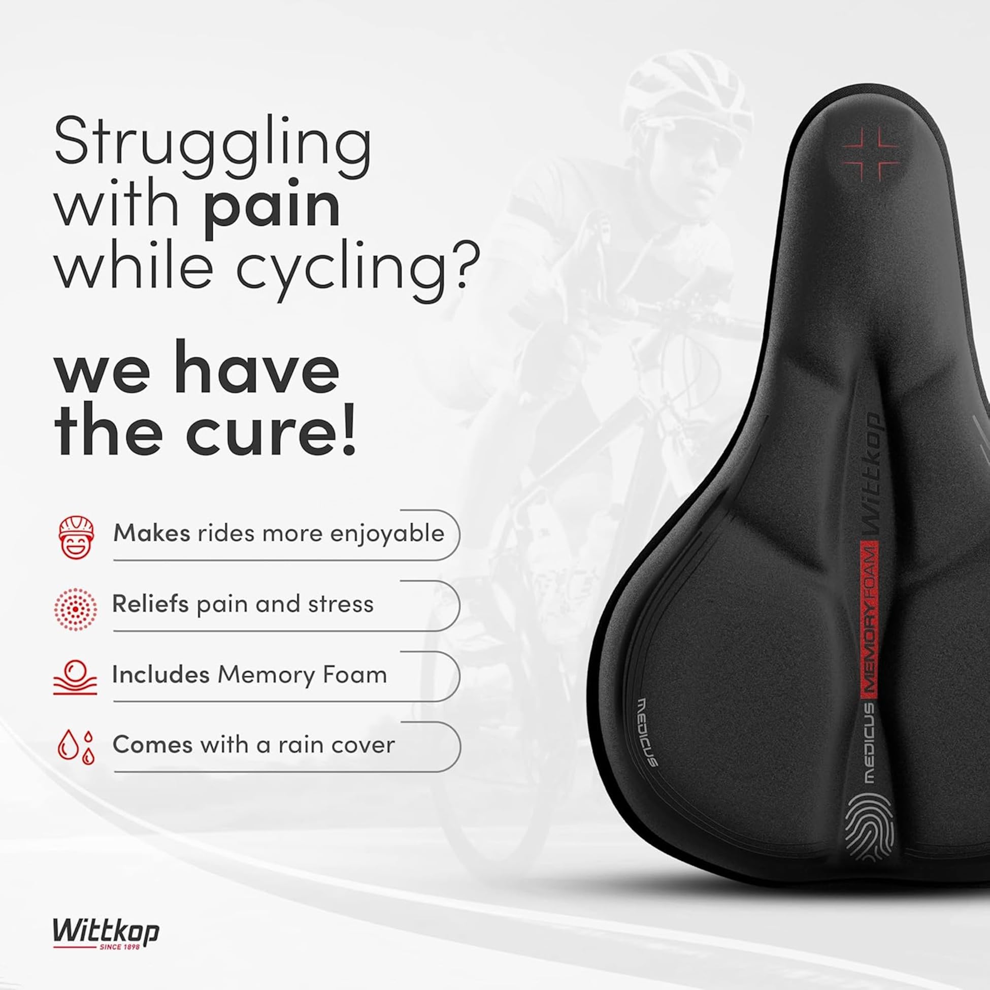 WITTKOP Cuscino per sella da bici in memory foam confortevole I Coprisella da bici per uomo e donna con design ergonomico a 3 zone