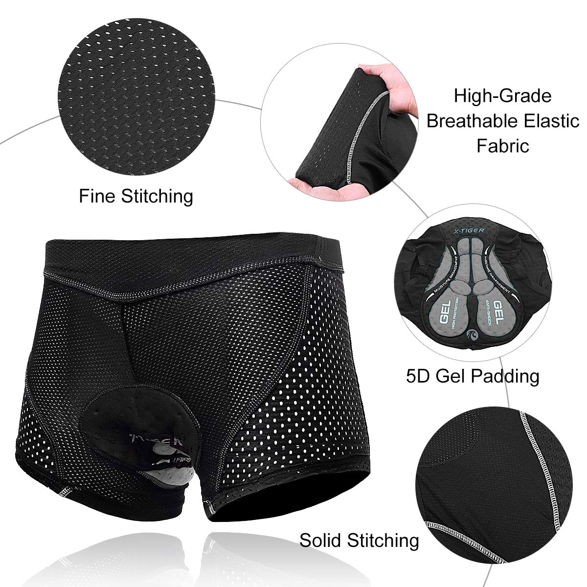 X-TIGER Cuissard cycliste homme avec rembourrage gel 5D respirant sous-vêtement caleçon de cyclisme pour vélo