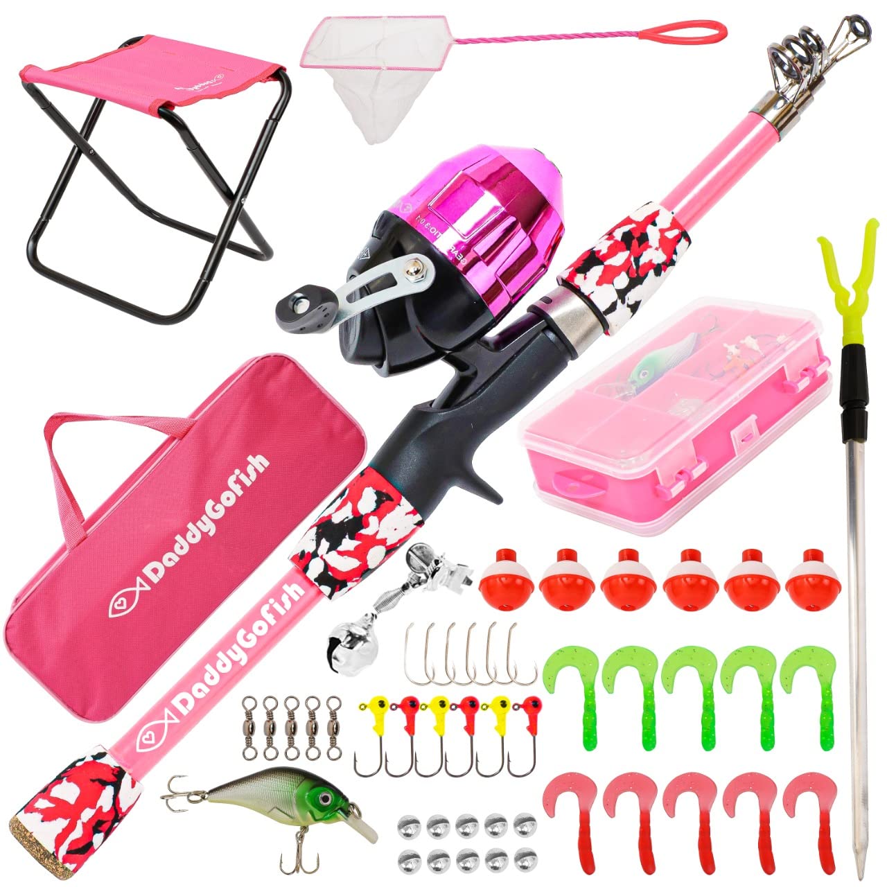 DaddyGoFish Kids Canna da Pesca Telescopica Spincast Combo Sedia Pieghevole Portacanna Tackle Box Bait Net Ragazzi Ragazze