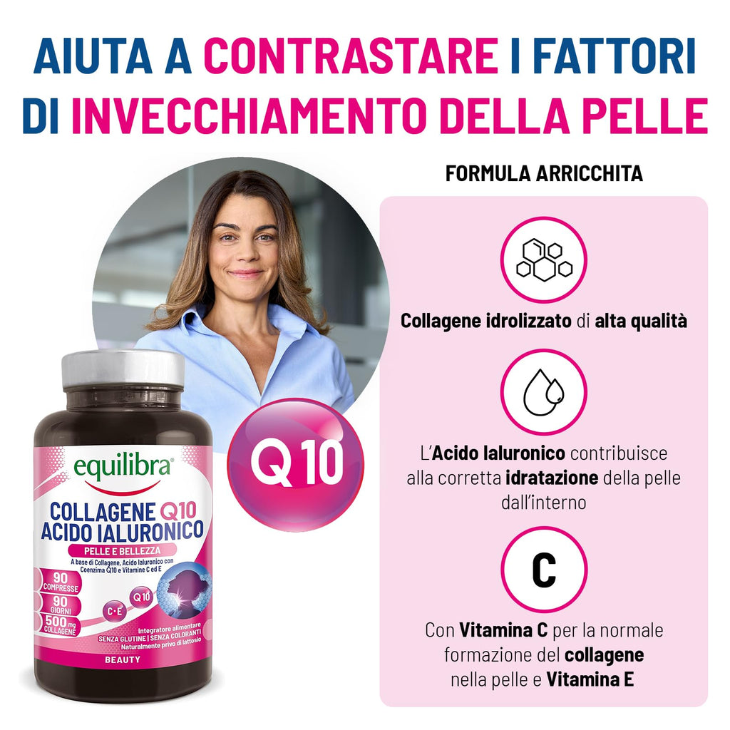 Equilibra Integratori Alimentari, Collagene Q10 Acido Ialuronico, Benessere e Bellezza della Pelle, a Base di Collagene Idrolizzato, Acido Ialuronico, Coenzima Q10, Vitamine C ed E, 90 Compresse