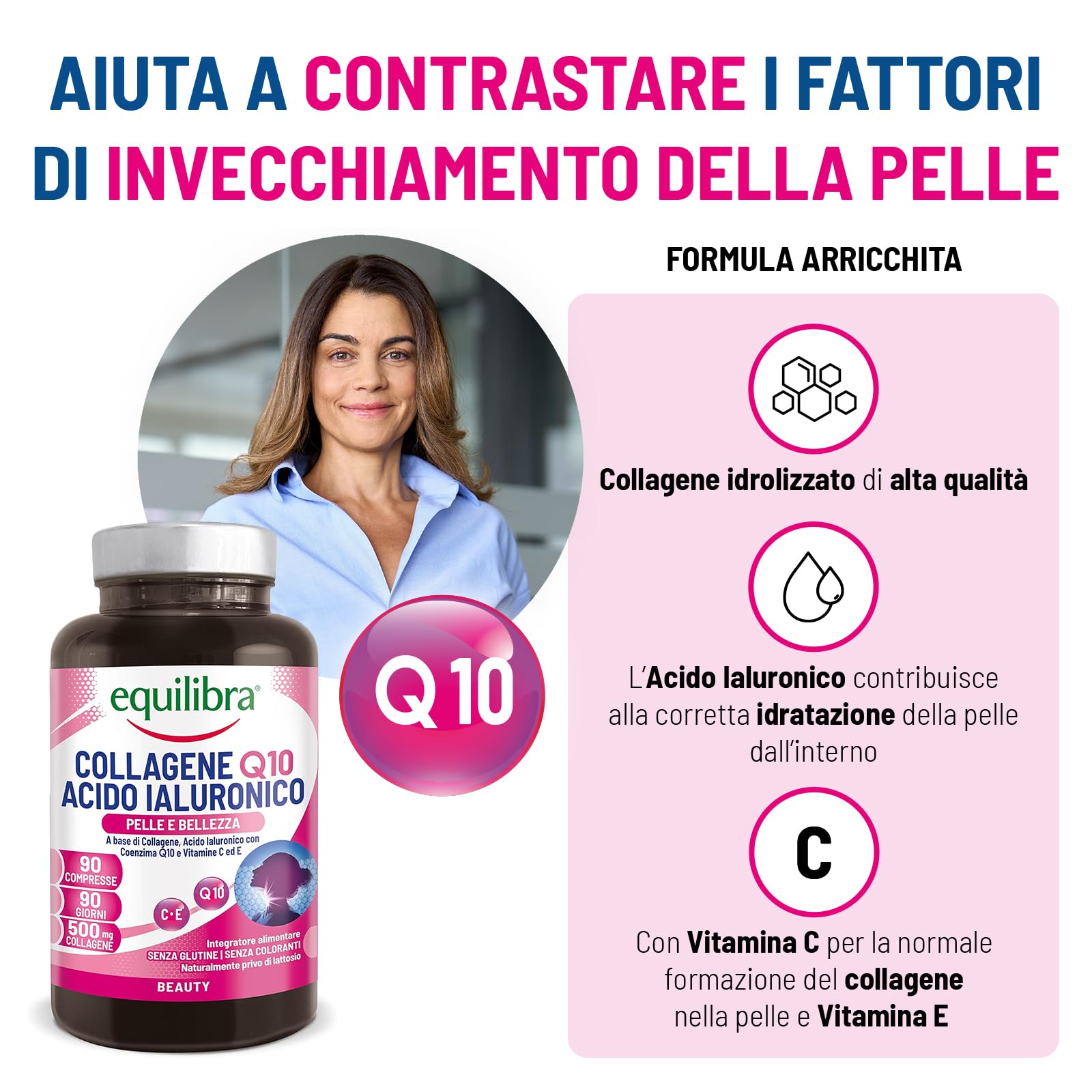 Equilibra Integratori Alimentari, Collagene Q10 Acido Ialuronico, Benessere e Bellezza della Pelle, a Base di Collagene Idrolizzato, Acido Ialuronico, Coenzima Q10, Vitamine C ed E, 90 Compresse