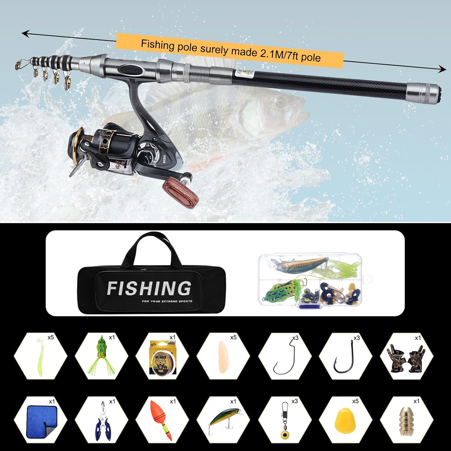 Set Combinato Canna da Pesca Telescopica e Mulinello, Kit Completo con Lenza, Accessori per Esche, Borsa per il Trasporto - Combo per Pesca