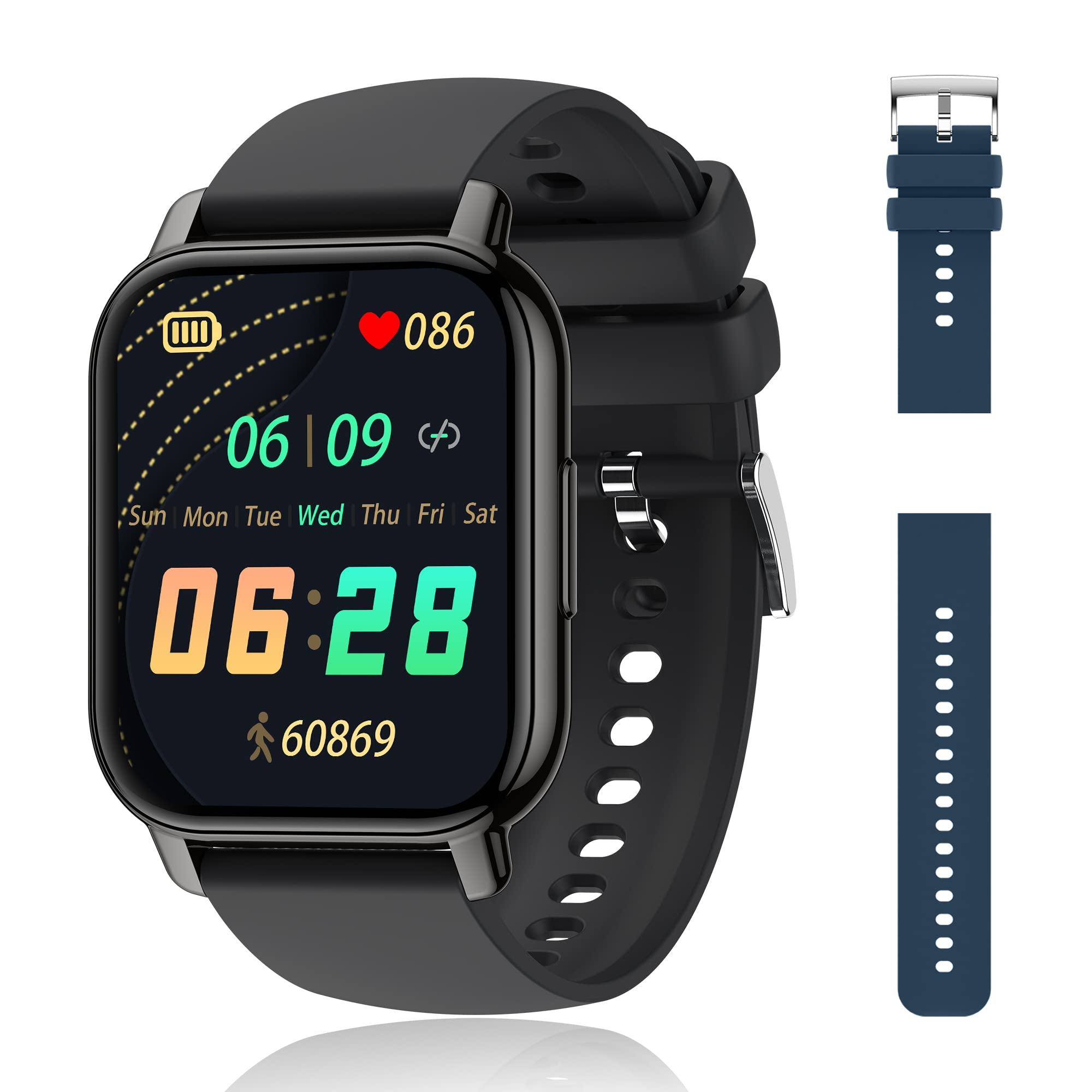 Popglory Smartwatch Uomo Donna Chiamate e Whatsapp, AI Orologio Contapassi 100+ Sports, Assistente, Salute 24/7, Pressione Sanguigna, Cardiofrequenzimetro, SpO2 Sonno, 2 Cinturini per Android iOS
