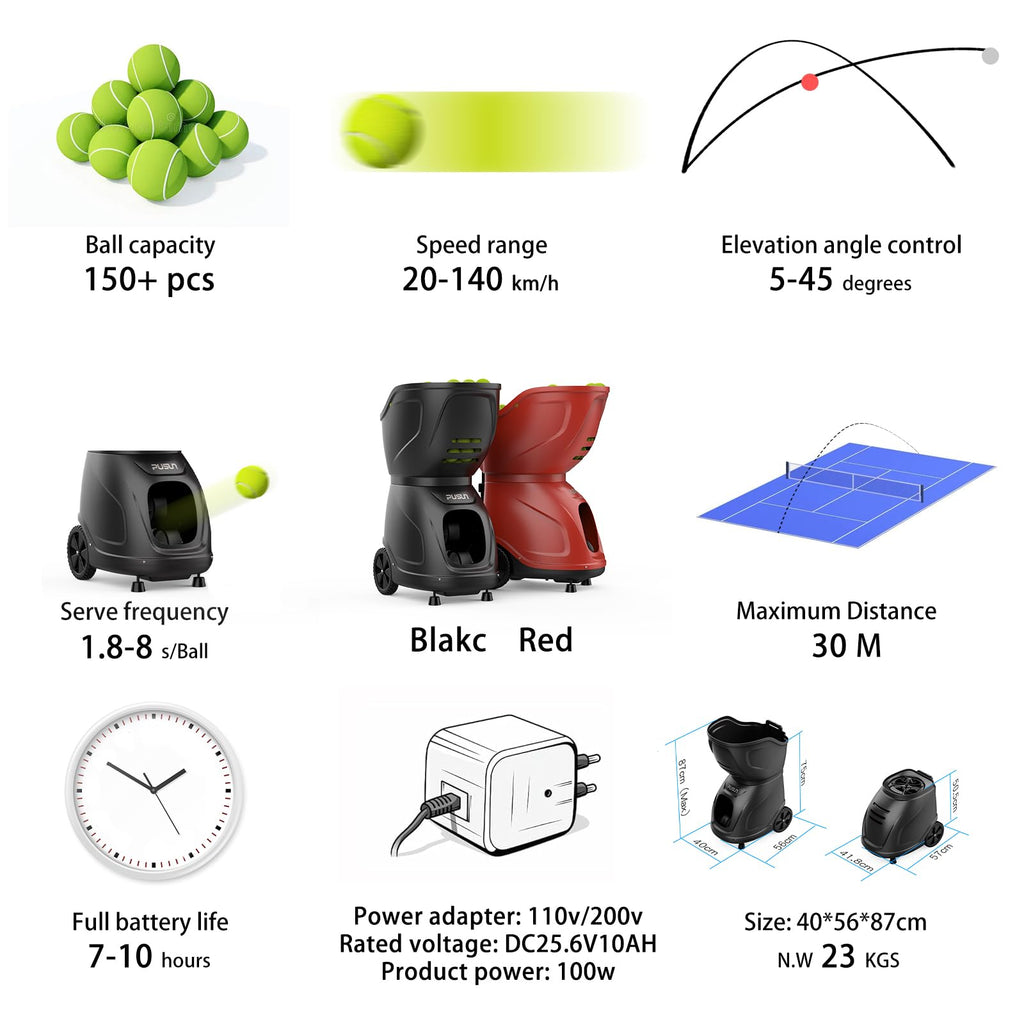 PT-9001 Pro - Machine à balles de tennis portable, automatique, pour l'entraînement et la pratique des joueurs de tous niveaux, préprogrammée et personnalisable, avec application/télécommande.