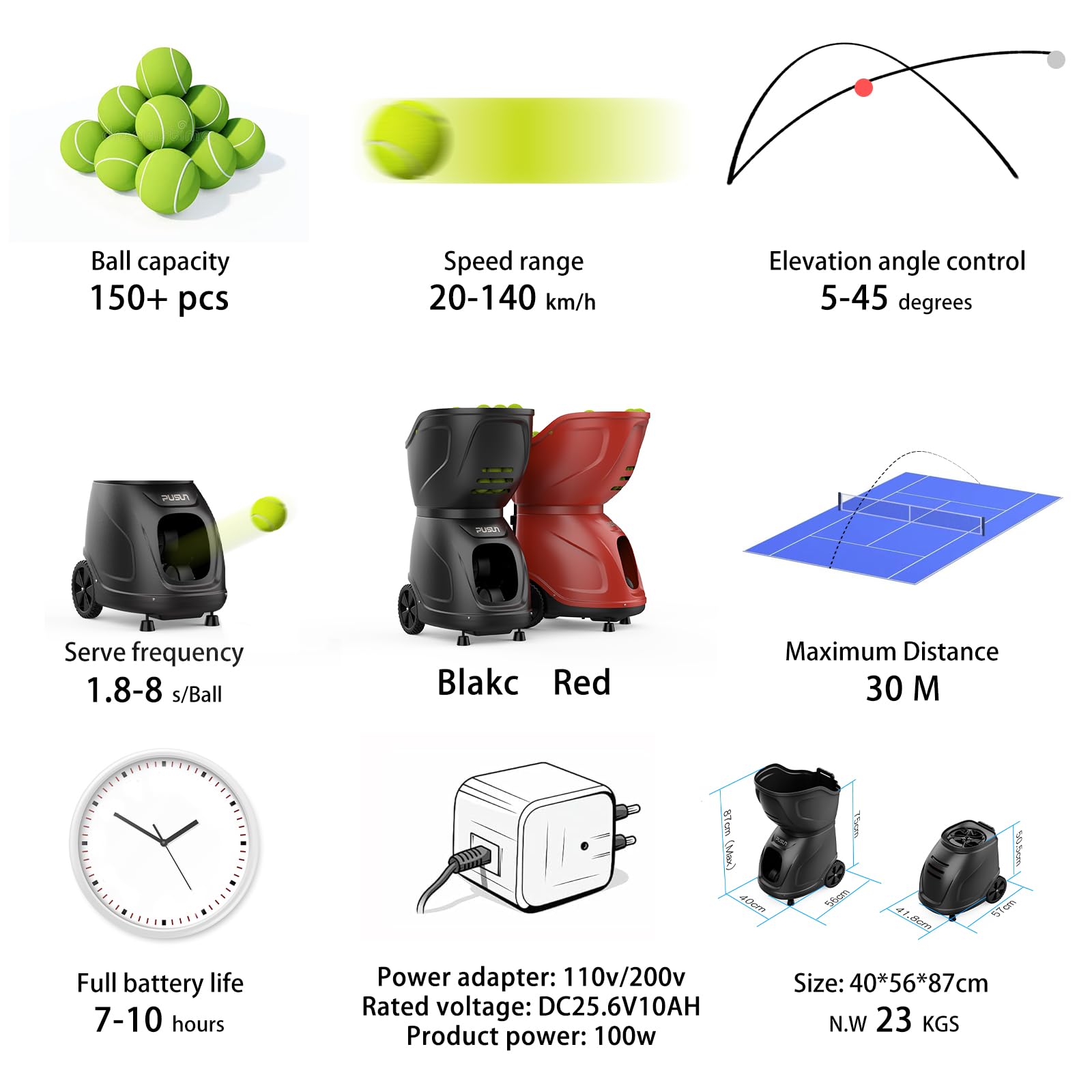 PT-9001 Pro - Machine à balles de tennis portable, automatique, pour l'entraînement et la pratique des joueurs de tous niveaux, préprogrammée et personnalisable, avec application/télécommande.