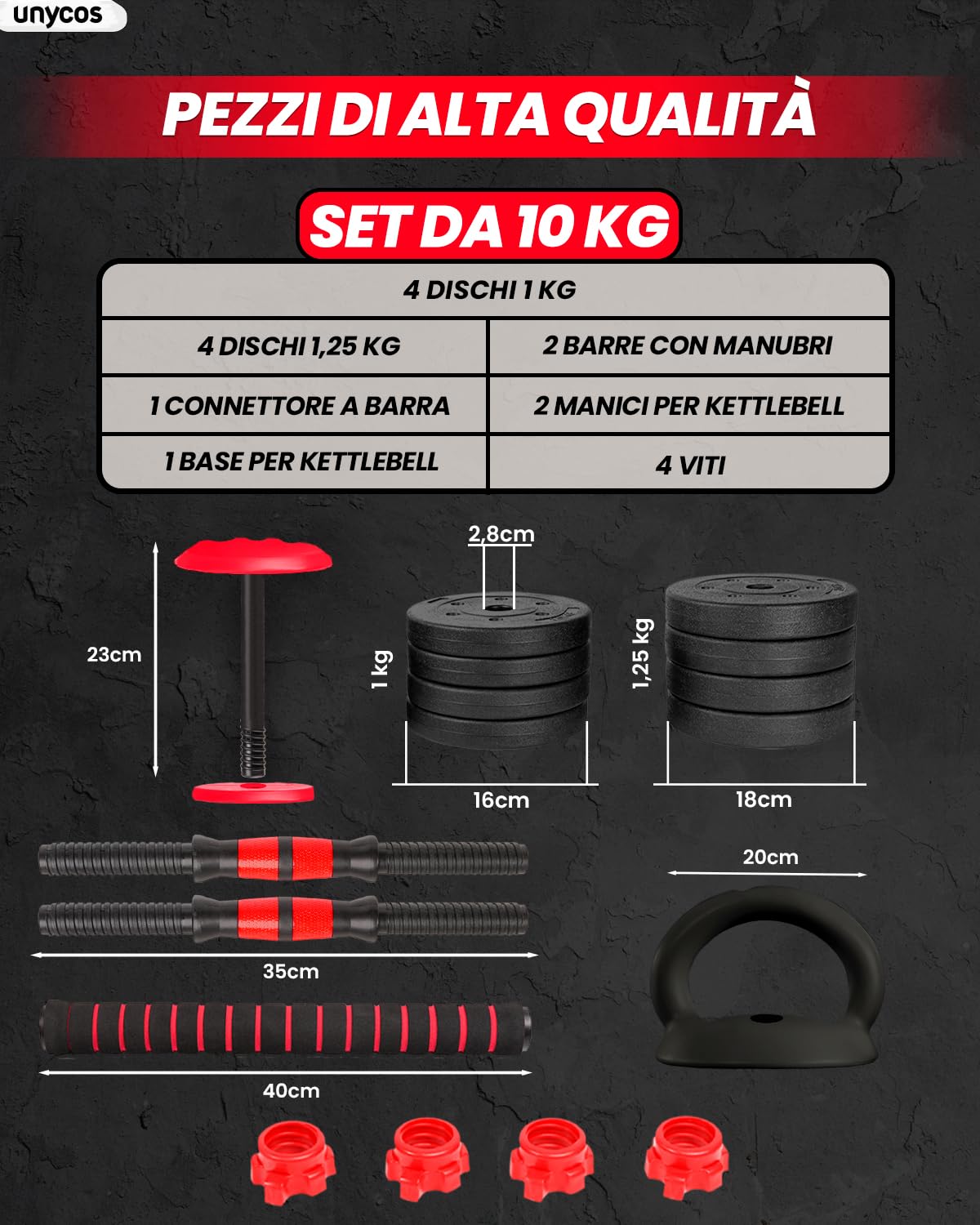 unycos - Manubri Regolabili con Dischi 10-40 kg【E-Book con 50 Esercizi】Coppia di Pesi con Barra di Collegamento Antiscivolo per Allenamento, Palestra in Casa, Fitness (Red/Orange Transformer)