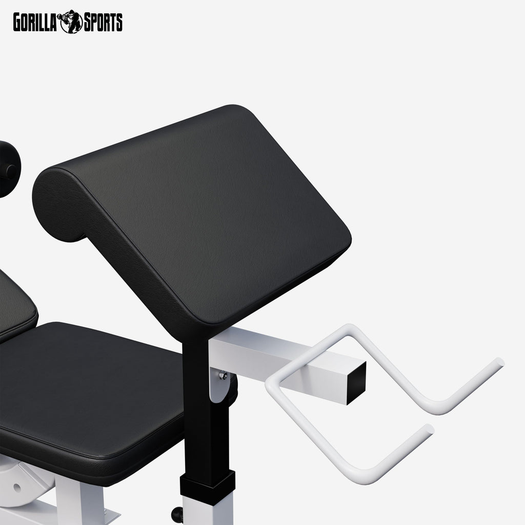 Gorilla Sports® Panca Multifunzione - Schienale Regolabile, Portabilanciere, Butterfly, Curl per Gambe, Nero/Bianco - Panca Pesi, Stazione Fitness
