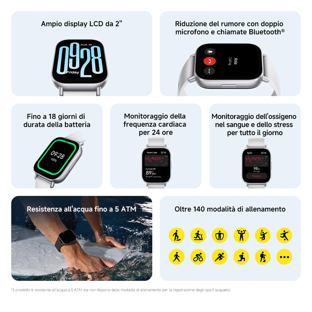 XIAOMI Redmi Watch 5 Active, Smartwatch con display LCD 2", Chiamate Bluetooth, Autonomia 18 giorni, Resistenza Acqua 5ATM, Monitoraggio Frequenza Cardiaca e SpO2, 140+ modalità Fitness, Argento
