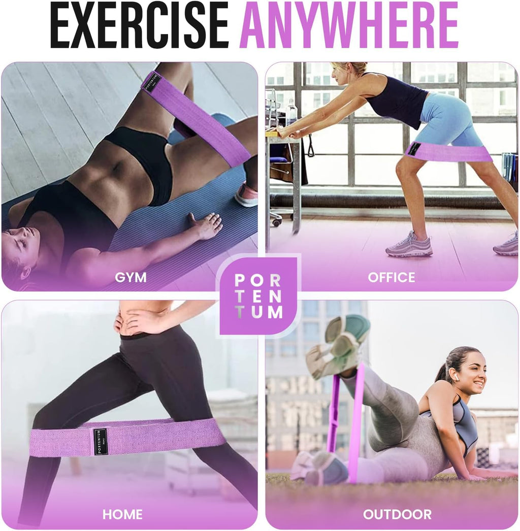 PORTENTUM Élastiques de fitness, lot de 3 bandes élastiques de fitness antidérapantes en tissu. 3 niveaux de résistance pour le Crossfit, le Yoga, les fessiers et d'autres sports, et sac de rangement