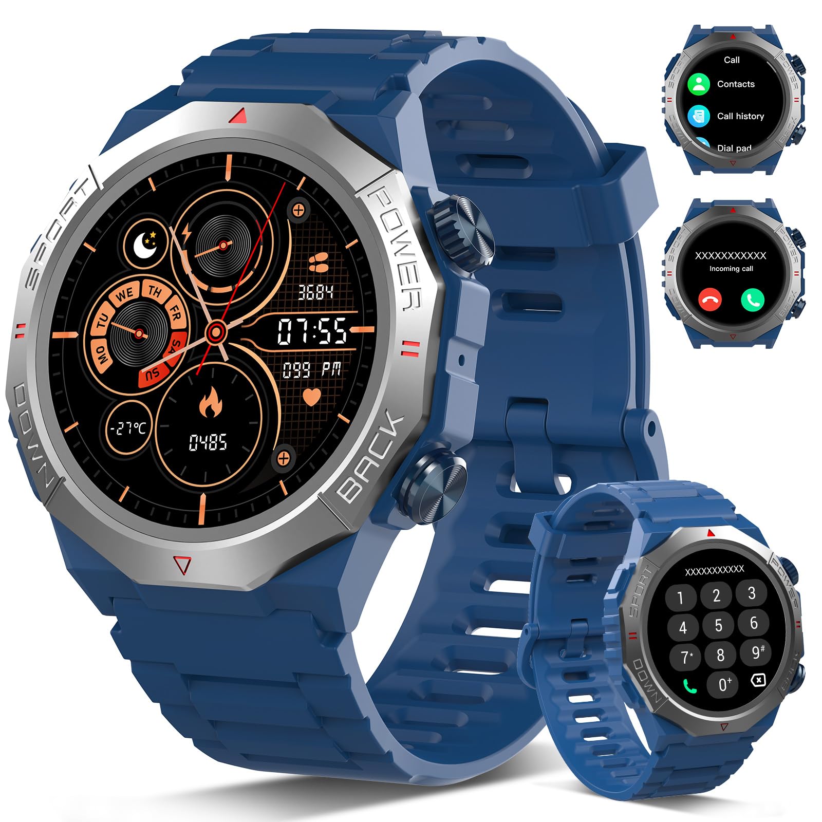 Smartwatch Uomo Militare, Orologio Smartwatch 1.43" con Chiamate Bluetooth, 100+ Modalità Sportive, Batteria 1000 mAh, Monitoraggio Sonno e Cardiofrequenzimetro, Torcia e Bussola per IOS/Android
