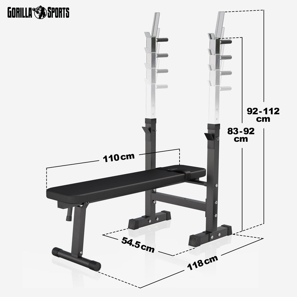 GORILLA SPORTS® Panca Pesi Multifunzione Regolabile – Pieghevole con Porta, Bilanciere e Manubri con Dischi 38/70/100 kg – Piana/Inclinata, Struttura Robusta Max 200 kg – Palestra Casa Fitness
