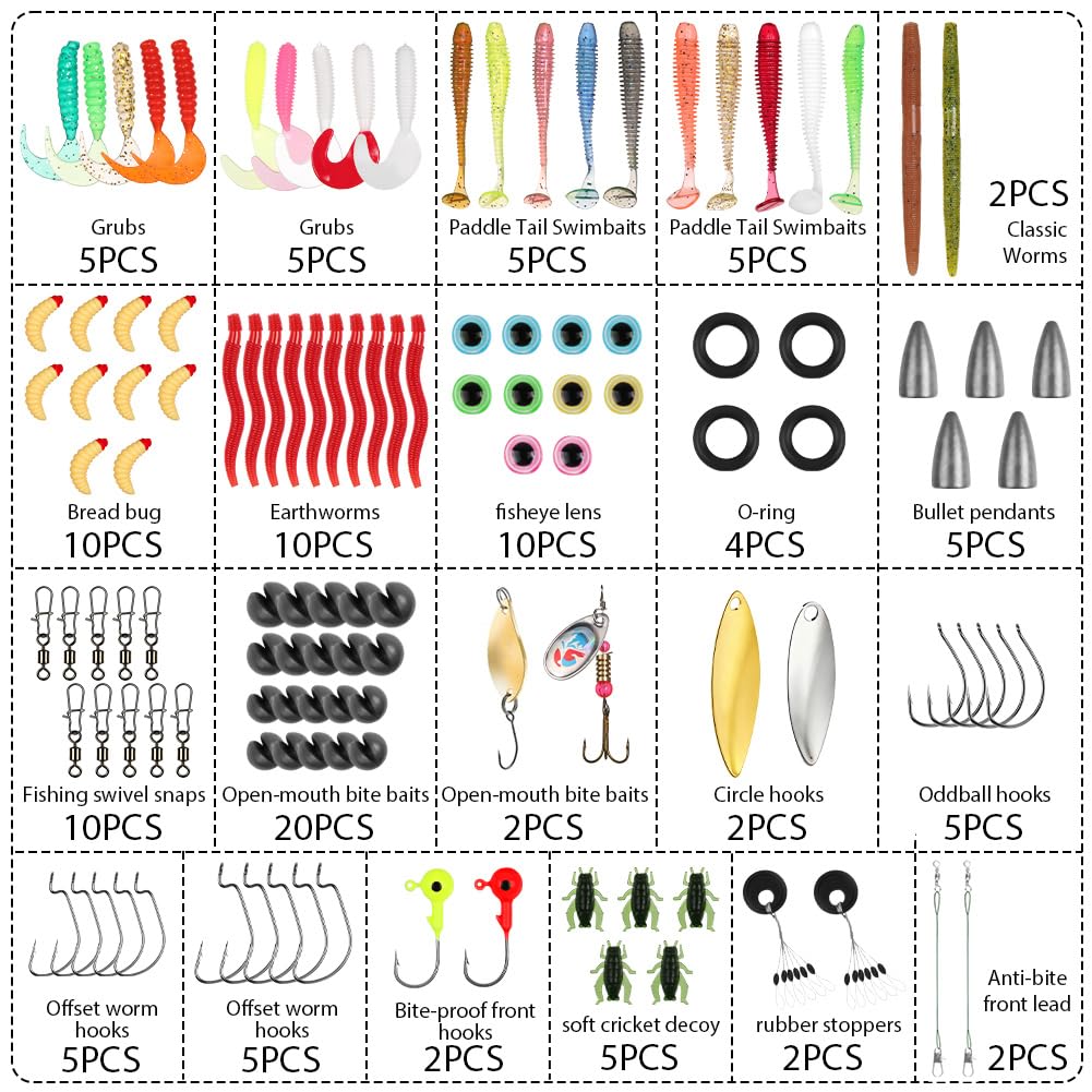Vicloon Esche da Pesca, Esche Artificiali da Pesca Contiene Crankbaits, Stickbait, Vermi, Ganci Singolo, Pinze, ECC