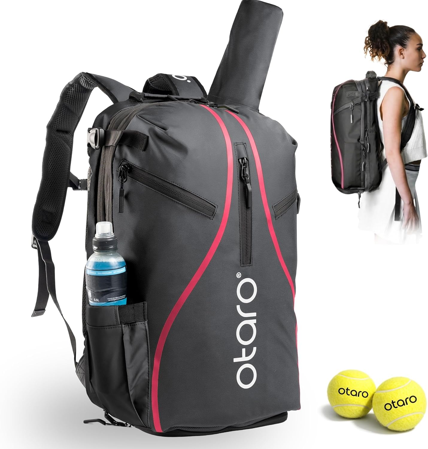 Otaro Zaino Tennis | Zaino con porta scarpe, scomparto per laptop e scomparto per 2 racchette | Zaino sportivo | Porta racchetta tennis | Borsa tennis con copertura antipioggia e sacca per biancheria