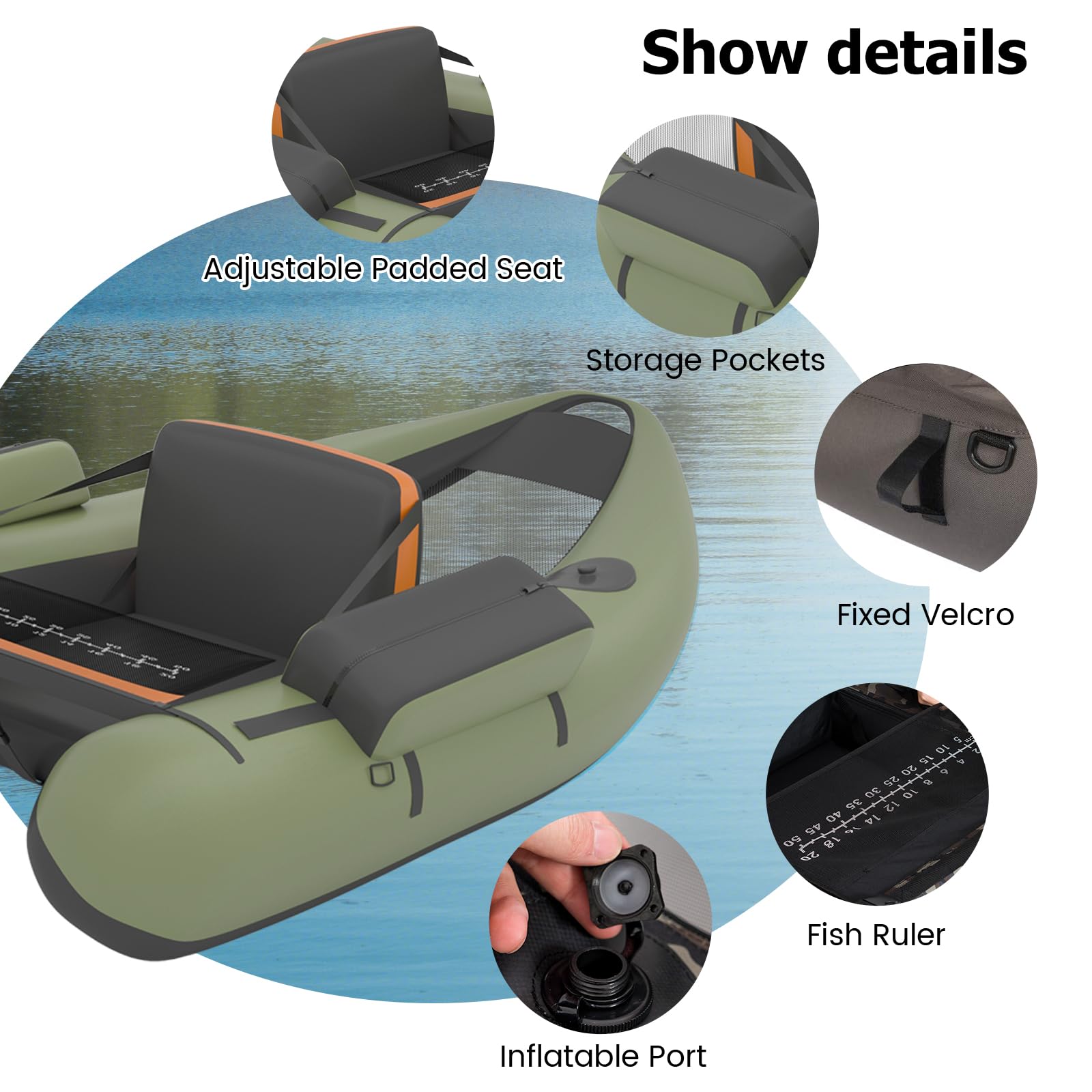 HOMASIS Gommone da Pesca per Adulti, Gommone Gonfiabile con Pinne in PP e Pagaia in Alluminio, Canotto da Pesca con Attrezzatura Completa, Portata 160 kg, 136 x 105 x 54 cm