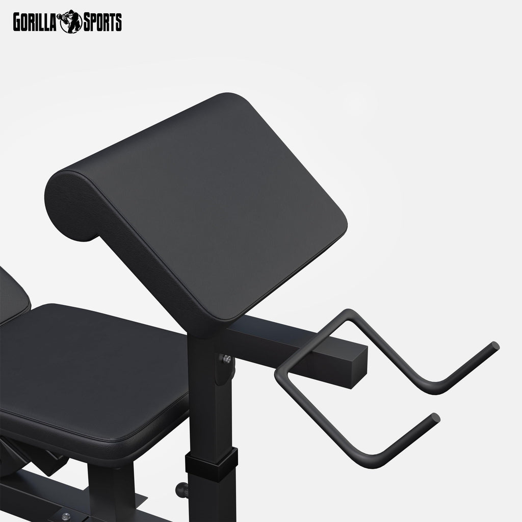 Gorilla Sports® Panca Multifunzione - Schienale Regolabile, Portabilanciere, Butterfly, Curl per Gambe, Nero/Bianco - Panca Pesi, Stazione Fitness