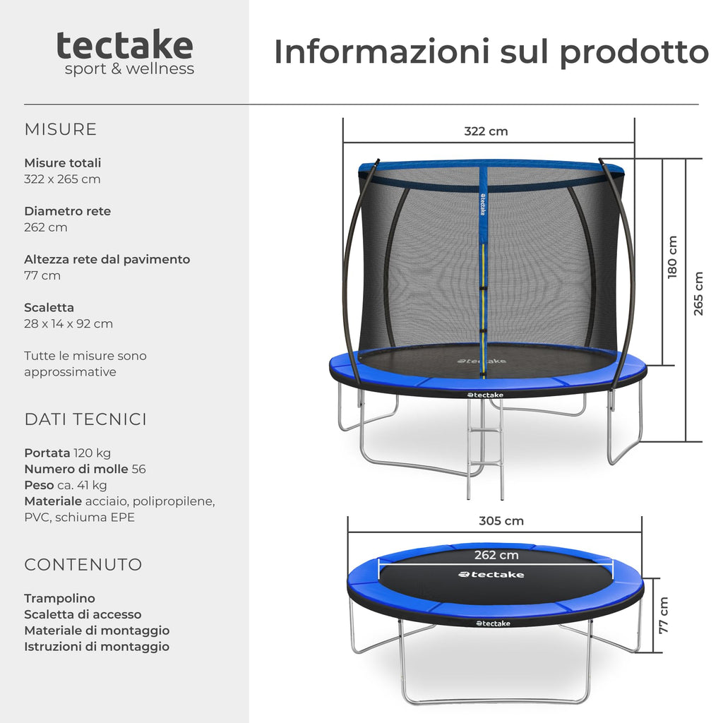tectake® Trampoline de jardin, pour le fitness et le jeu, pour enfants et adultes, avec filet de sécurité et échelle